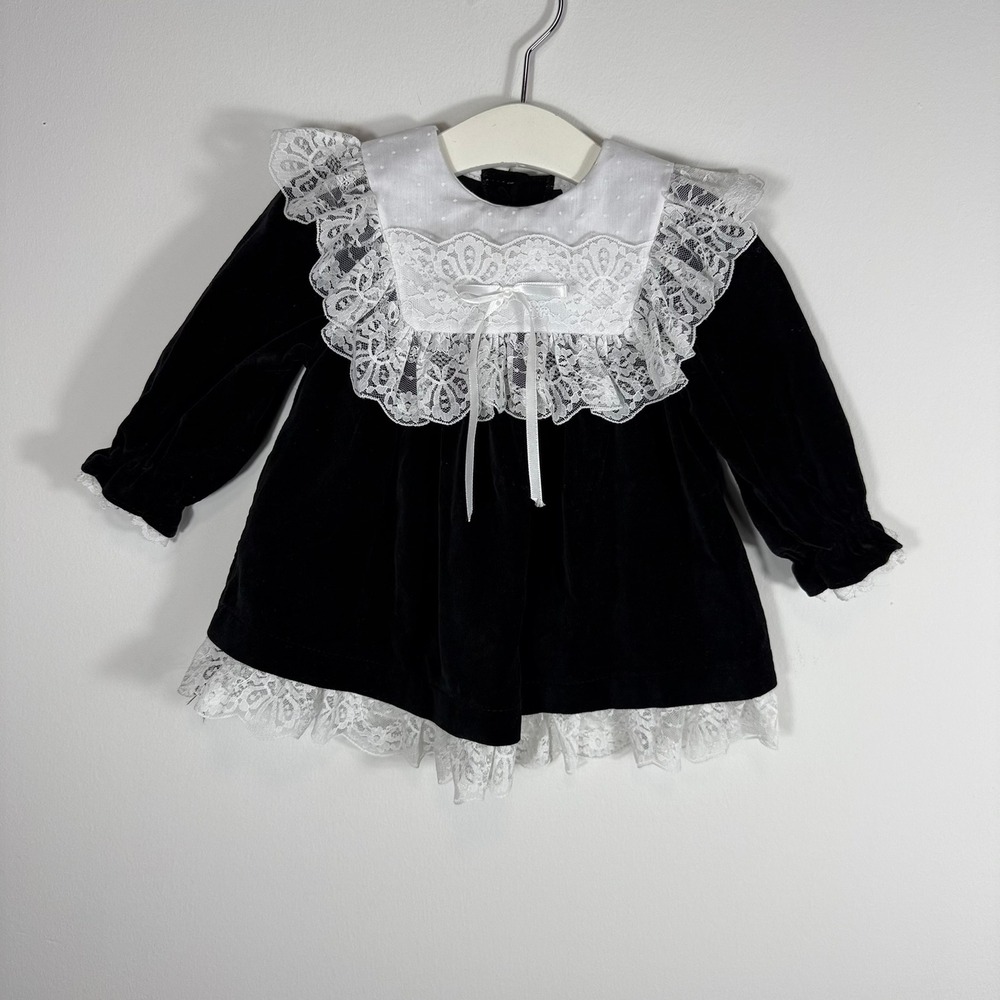 Vintage Black Velvet Baby Girl Dress Lace Collar Bow 12M Made in Canada R440071